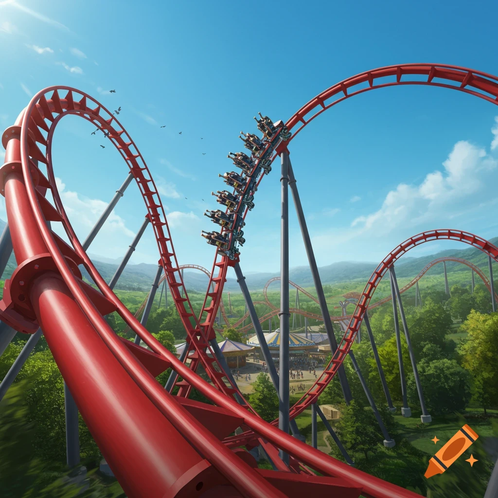 A vibrant red rollercoaster with passengers loops against a blue sky, overlooking a green, hilly landscape and an amusement park.