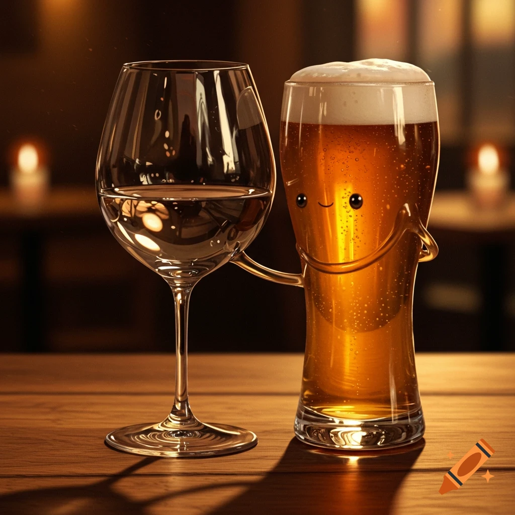 A beer glass with a happy cartoon face embraces a wine glass on a wooden table in a dim bar setting.