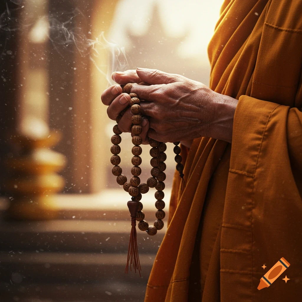 Photorealistic closeup of a monk's hands holding prayer beads with carved symbols, smoke rising and soft light in the background.