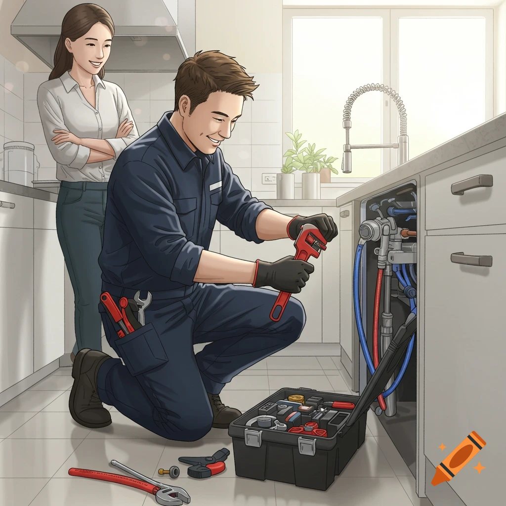 An illustration of a plumber fixing a kitchen faucet while a client observes.