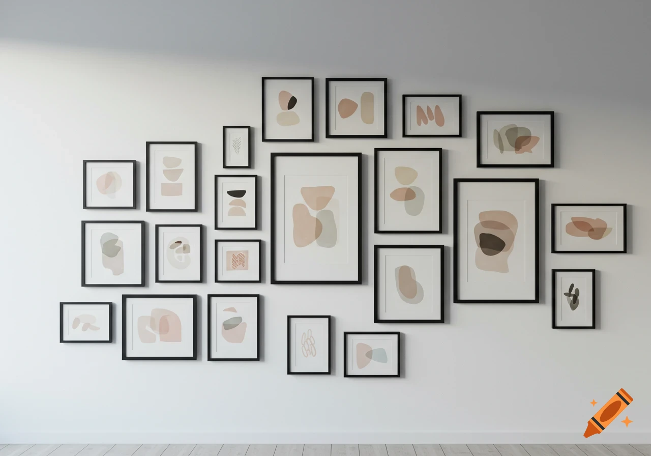 A minimalist gallery wall with numerous black-framed abstract art prints featuring neutral and pastel shapes on a white wall.