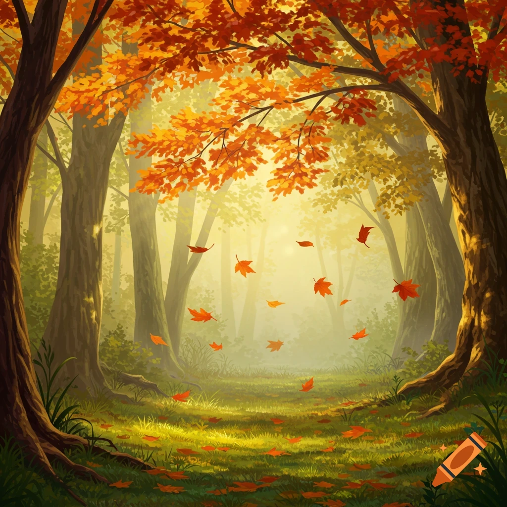 A stylized illustration of a sunlit autumn forest path with vibrant orange leaves falling onto green grass.