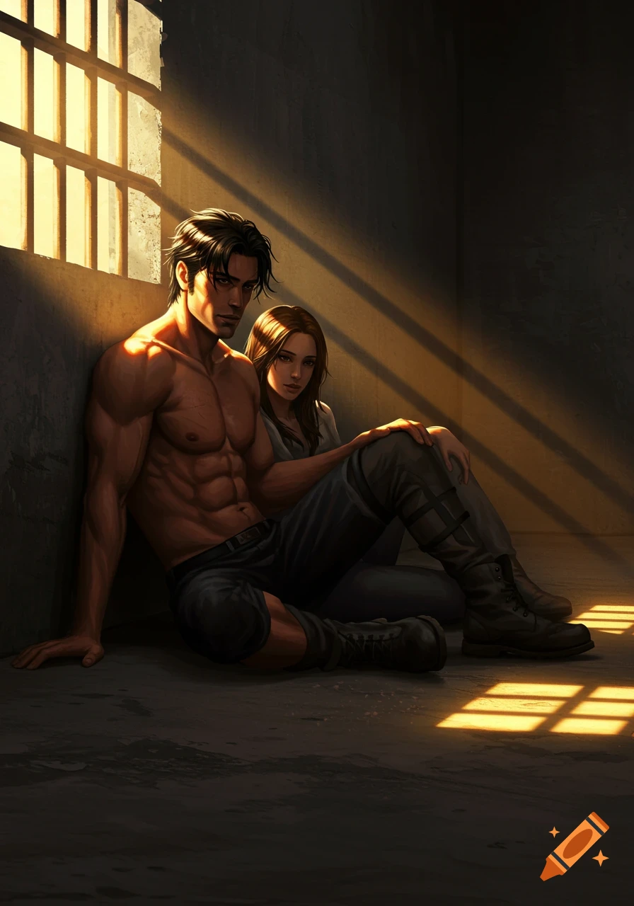 A muscular shirtless man and a woman sit on a prison cell floor, bathed in sunlight from a barred window, digital painting.