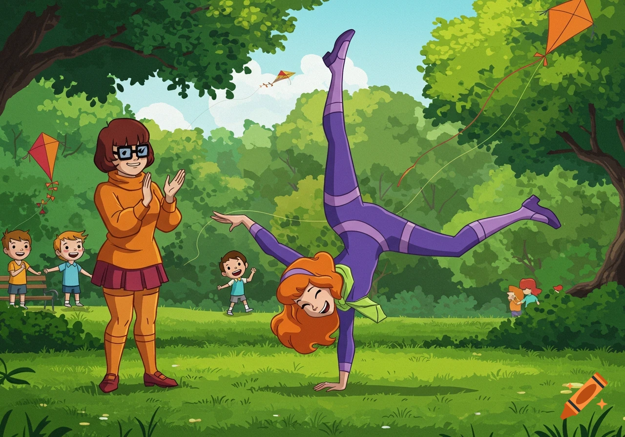 Cartoon of Daphne from Scooby-Doo doing a handstand in a park, with Velma clapping and children playing.