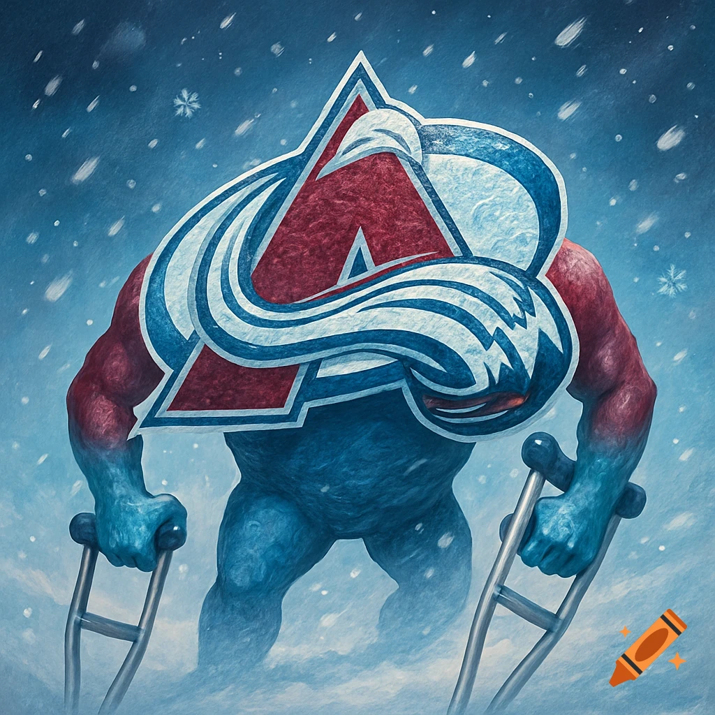 A muscular red and blue creature with the Colorado Avalanche logo on its head struggles through snow while holding crutches. Snowflakes fall around it in an artistic, textured style.
