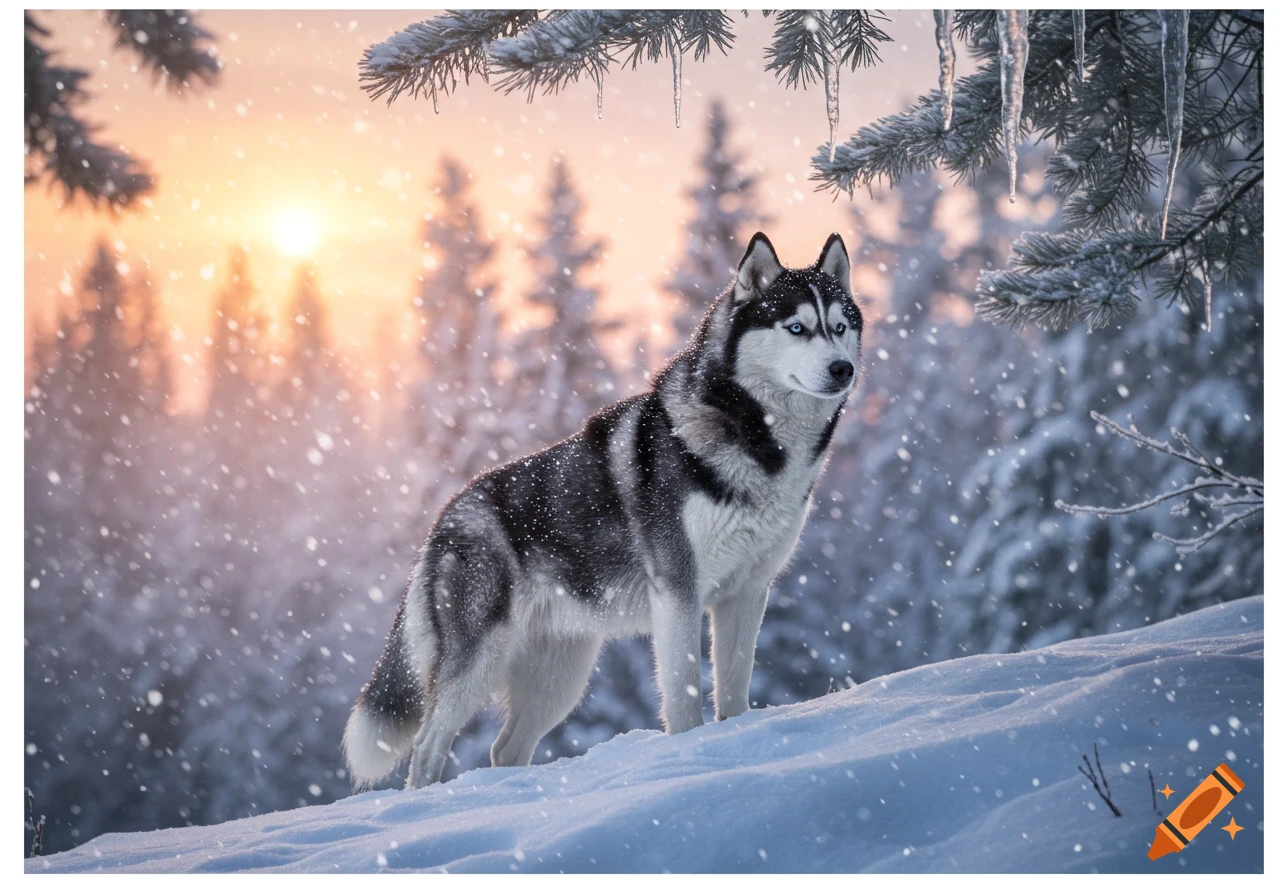 A majestic black and white husky with blue eyes stands in a snowy winter forest at sunset with falling snow.