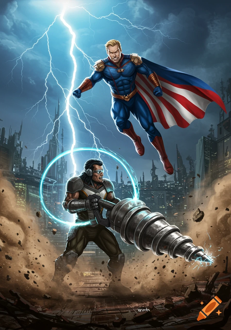 Homelander, in a blue, red, and white superhero suit, floats above amidst lightning as Simon the Digger wields a large drill below in a dynamic comic art style.