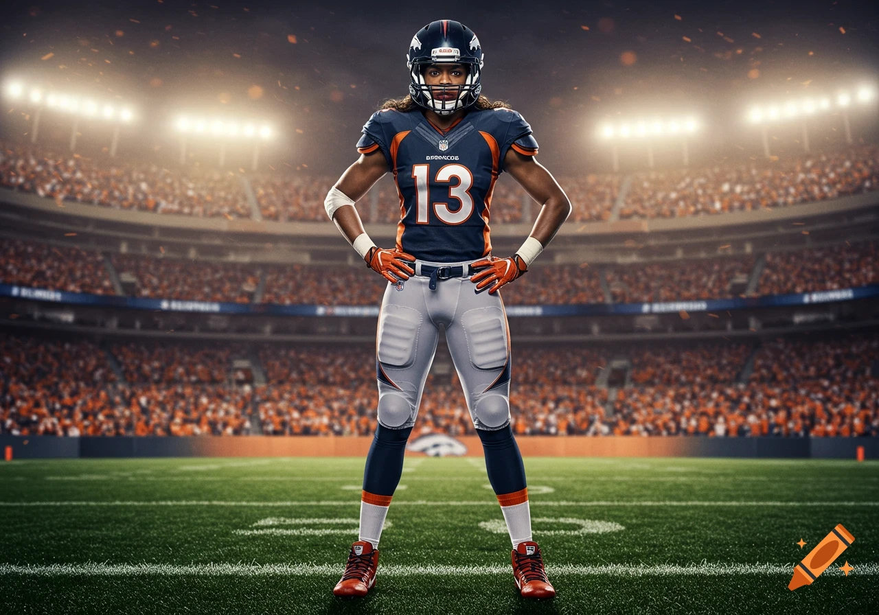 Photorealistic image of a female NFL player in a Broncos uniform, number 13, standing on a football field in a stadium at night.