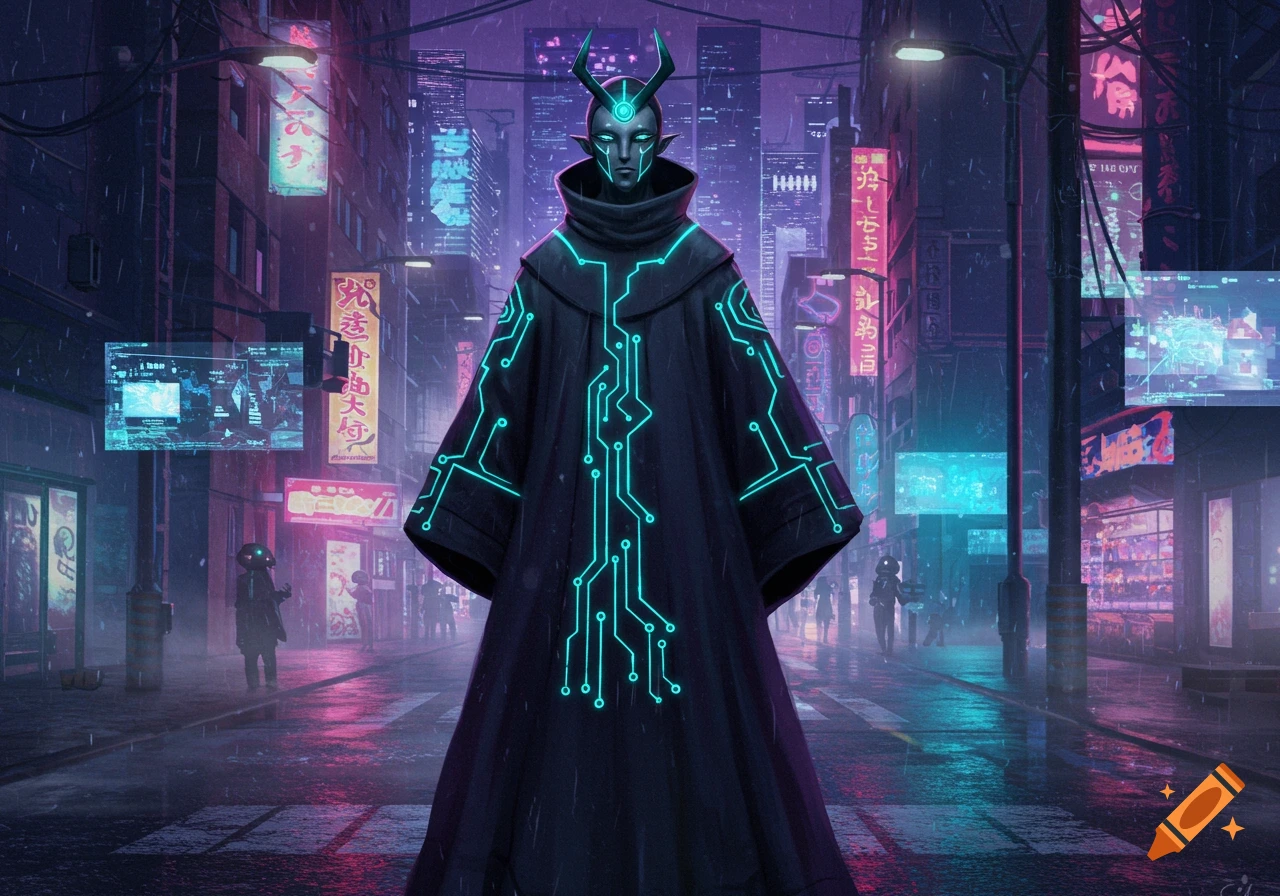 A horned, dark-robed figure with glowing circuit patterns stands in a rainy, neon-lit cyberpunk city street at night.