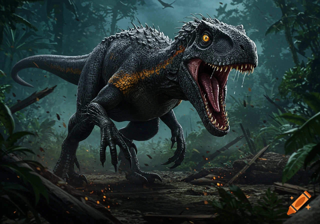 A photorealistic Indoraptor with black scales and orange stripes roars aggressively in a dark, misty jungle.
