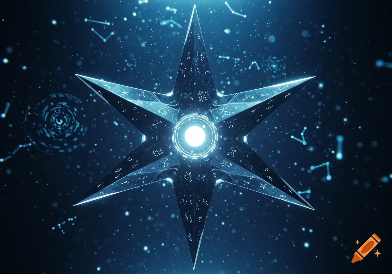 A glowing metallic star-shaped object adorned with alien symbols, floating in a dark, sparkling cosmic background.