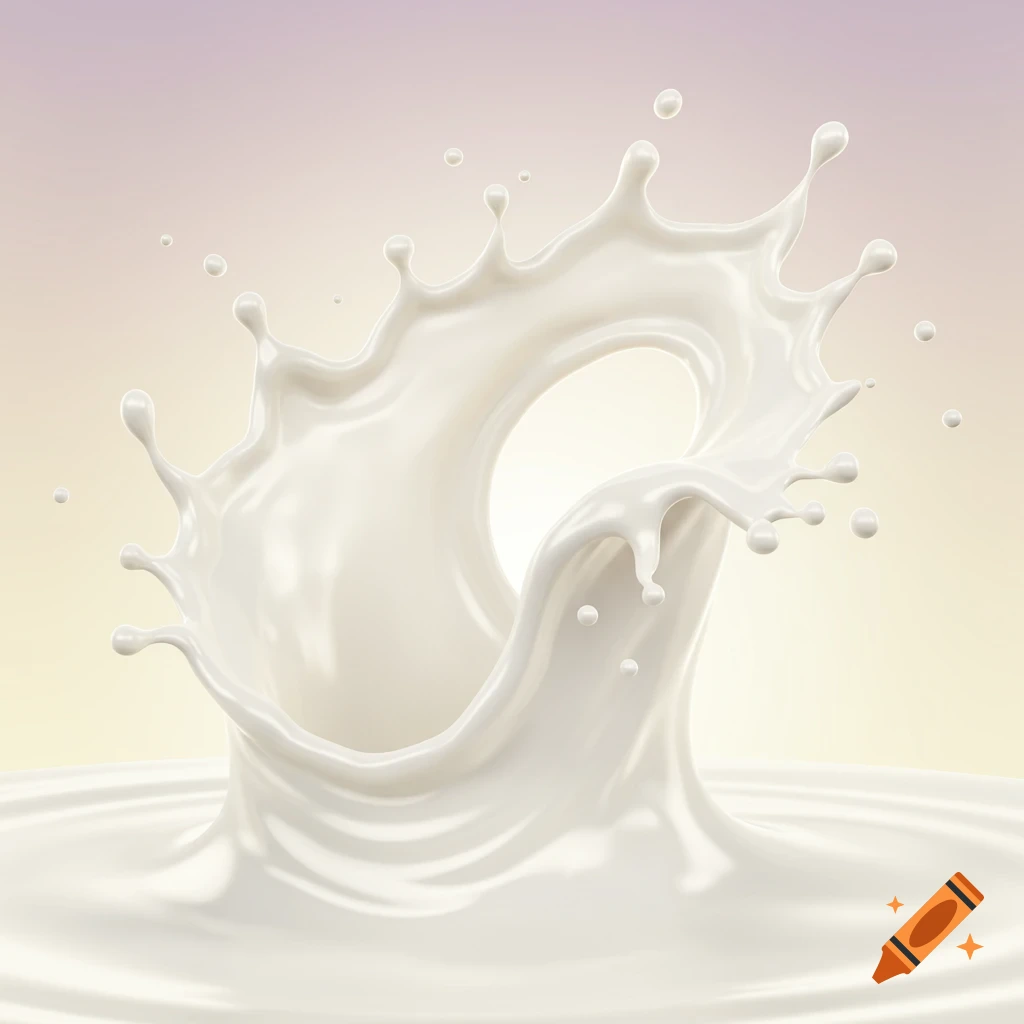 Dynamic white milk splash with droplets on a soft gradient background, photorealistic style.