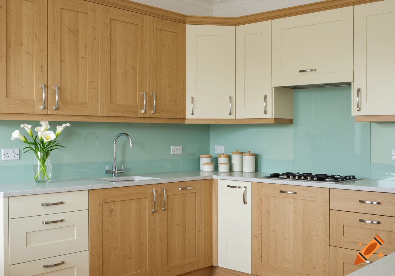 A modern kitchen with light wood and cream cabinets, a pastel green backsplash, a sink, a stovetop, and white calla lilies.