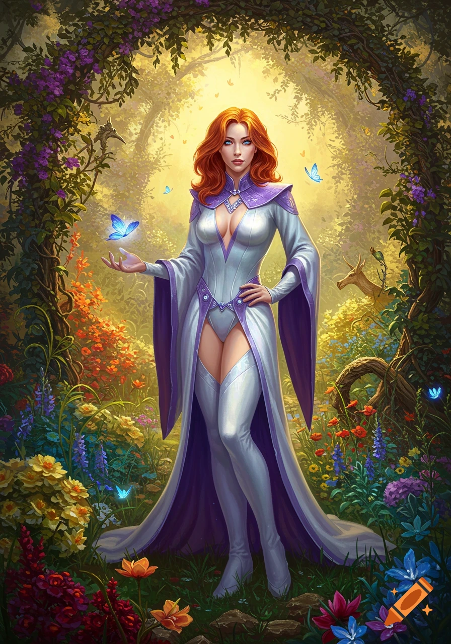 A confident red-haired wizardess in white and purple robes stands in a vibrant, sunlit fantasy garden, a blue butterfly on her hand, oil painting style.