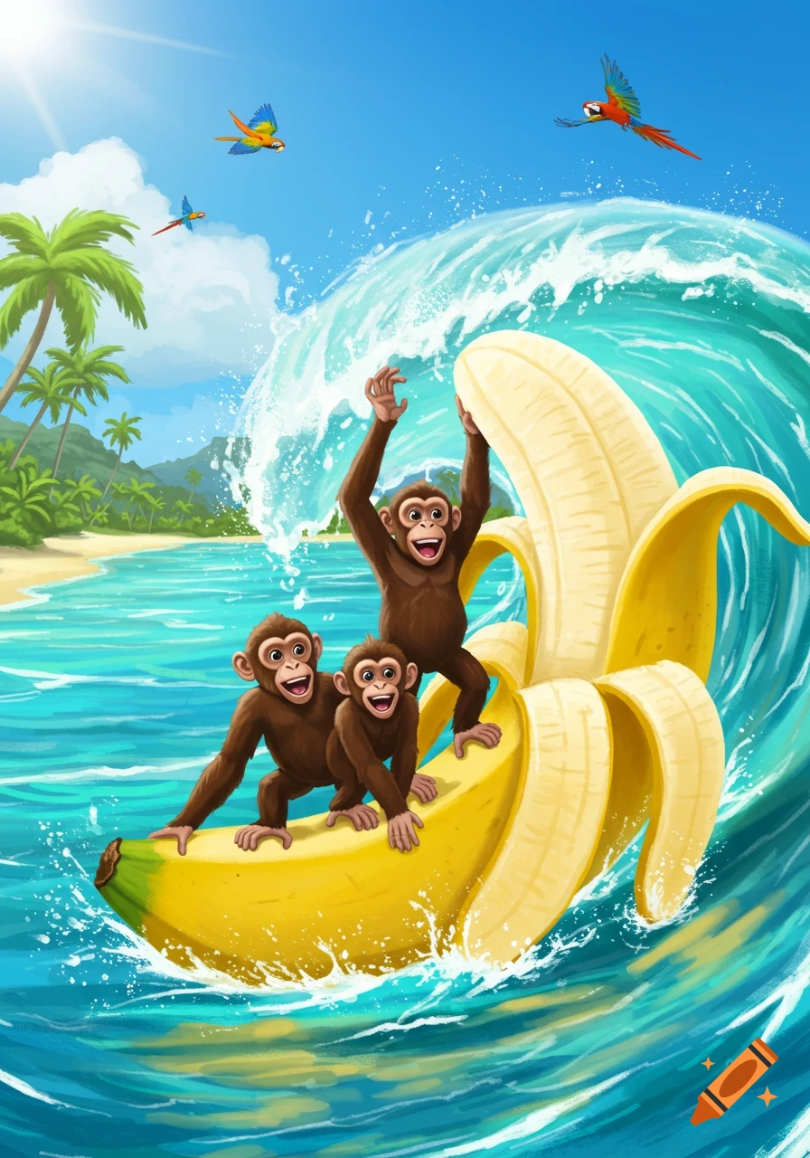 Three cheerful cartoon monkeys surf on a giant peeled banana in a turquoise ocean near a tropical beach with palm trees and flying parrots.