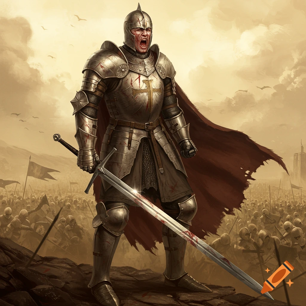 A roaring knight in bloodied armor holds a bloody sword on a battlefield with distant soldiers, dramatic art style.
