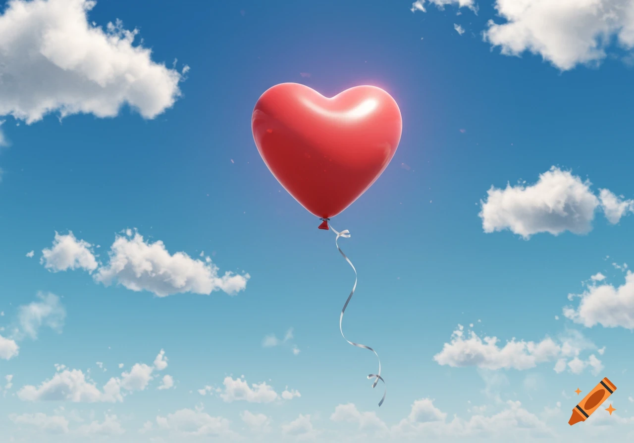 A shiny red heart-shaped balloon floats high in a bright blue sky filled with fluffy white clouds.