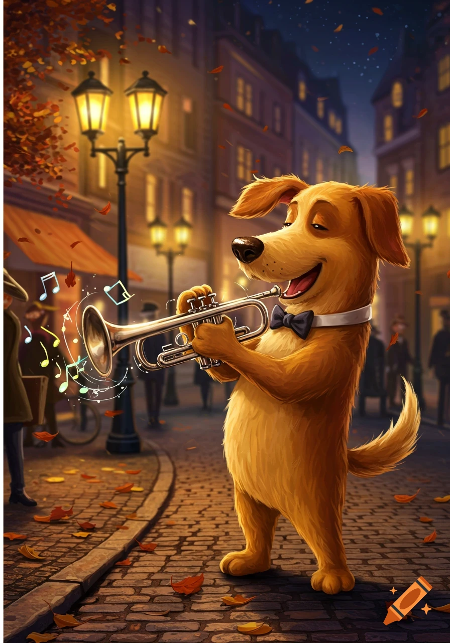 A cartoon dog wearing a bow tie plays a trumpet on a cobblestone street with falling autumn leaves and glowing street lamps at dusk.