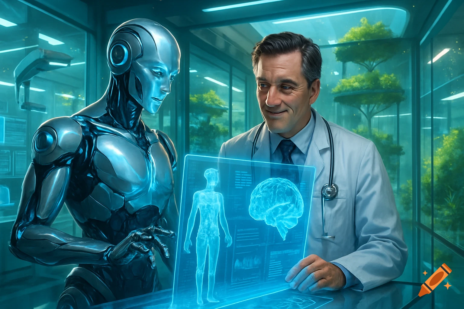 A doctor and a silver robot examine a glowing holographic display of a human body and brain in a futuristic healthcare facility.