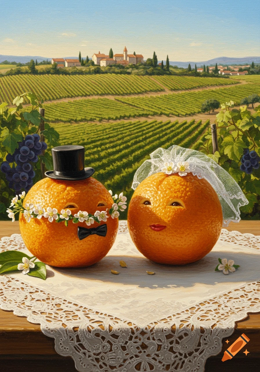 A painting of two anthropomorphic oranges dressed as a bride and groom on a lace doily, with a vineyard and village in the background.