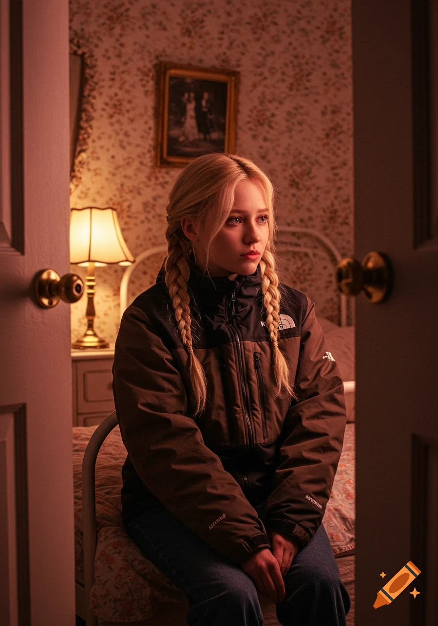 Photorealistic portrait of a blonde young woman with braids in a North Face jacket, sitting on a vintage bed in a softly lit pink bedroom, looking towards an open door.