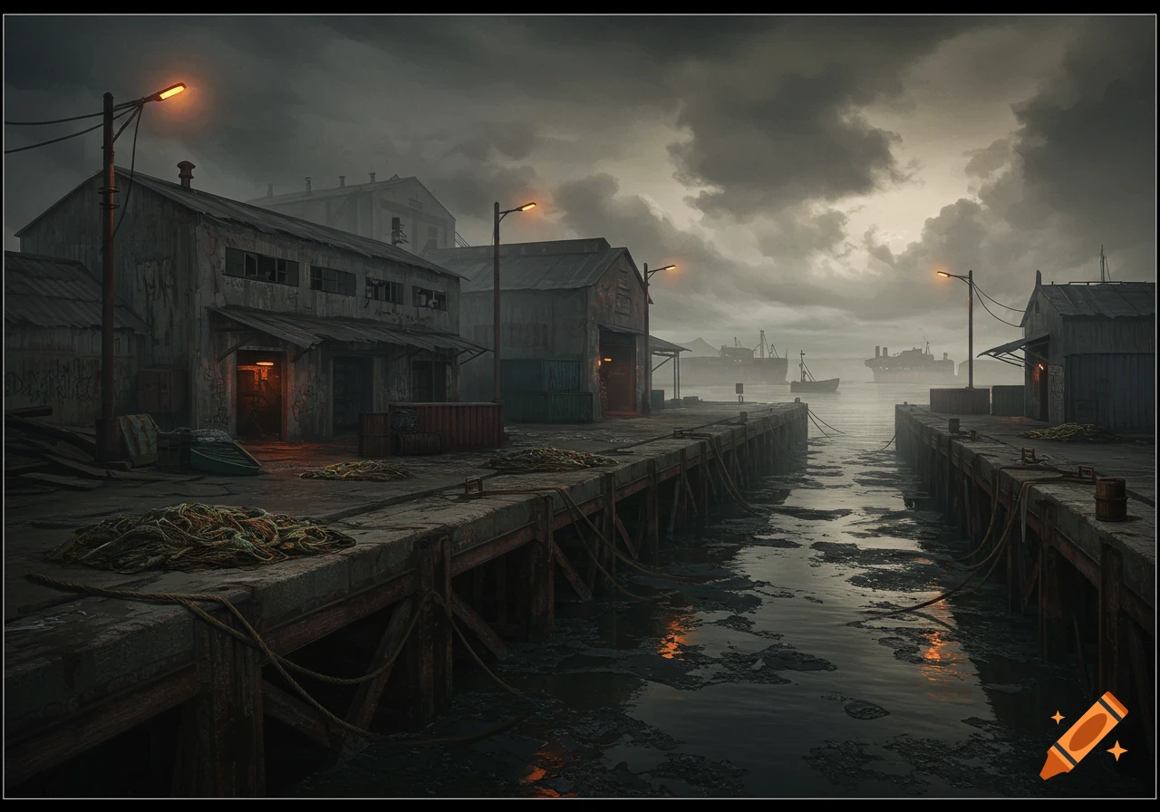 A dark, atmospheric image of a rundown dockyard at dusk, with dilapidated buildings and murky water under a cloudy sky.