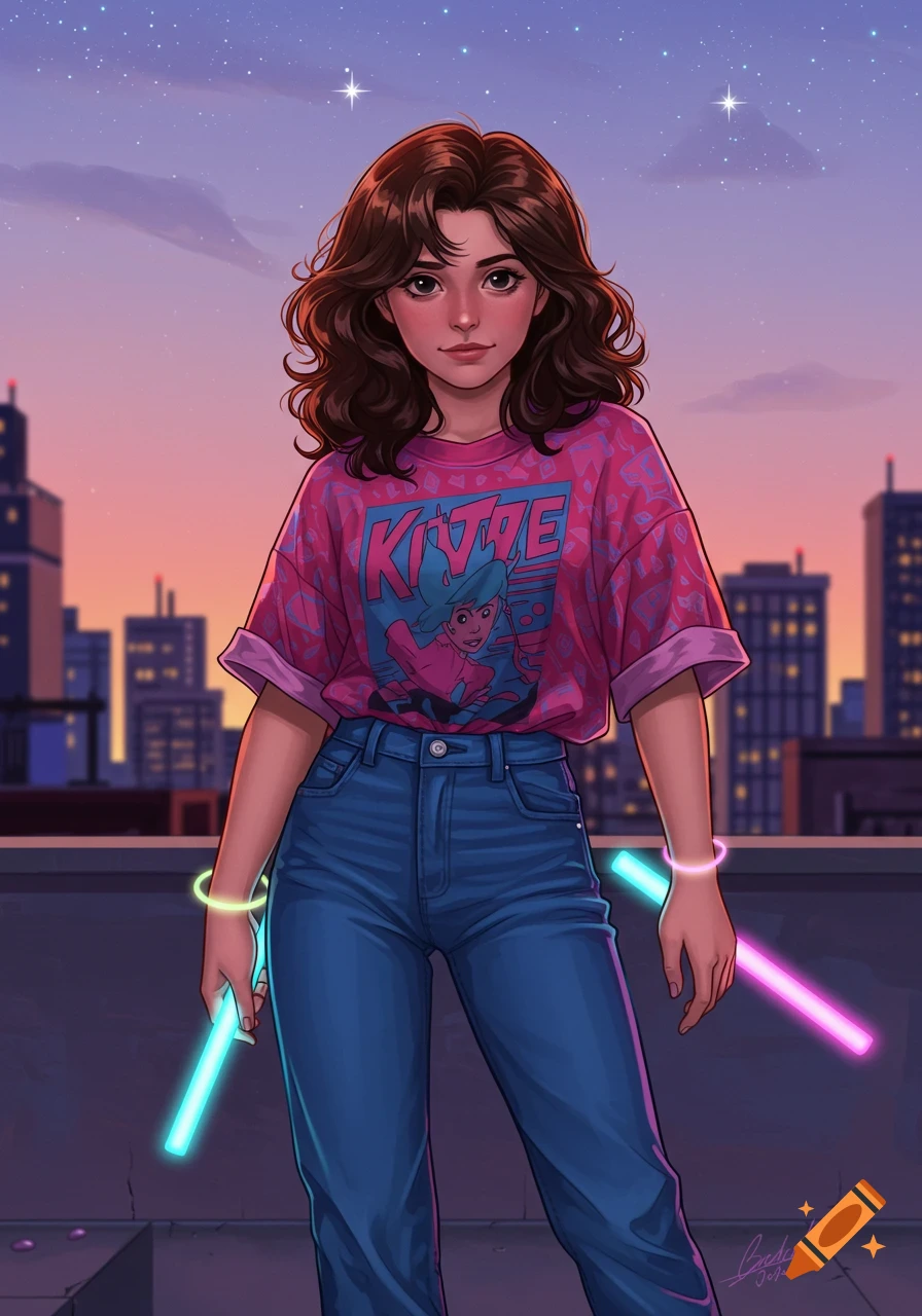 Cartoon girl with brown hair in an 80s pink shirt and jeans, holding glowing sticks on a city rooftop at dusk.