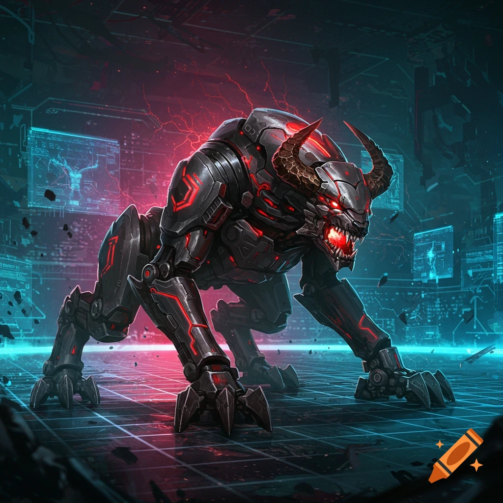 A menacing robotic bull-like creature with red glowing eyes and accents crouches in a futuristic, neon-lit digital environment. Digital art.