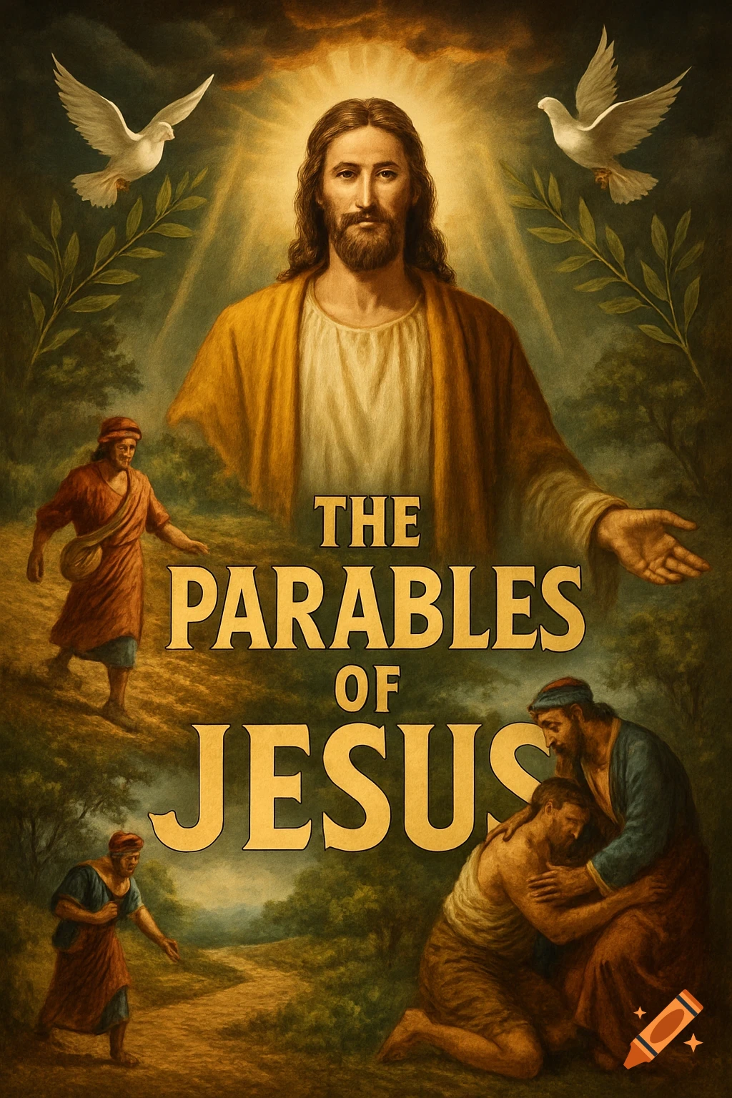 A movie poster for 'The Parables of Jesus' with Jesus, two doves, and scenes of biblical figures in a classic painting style.