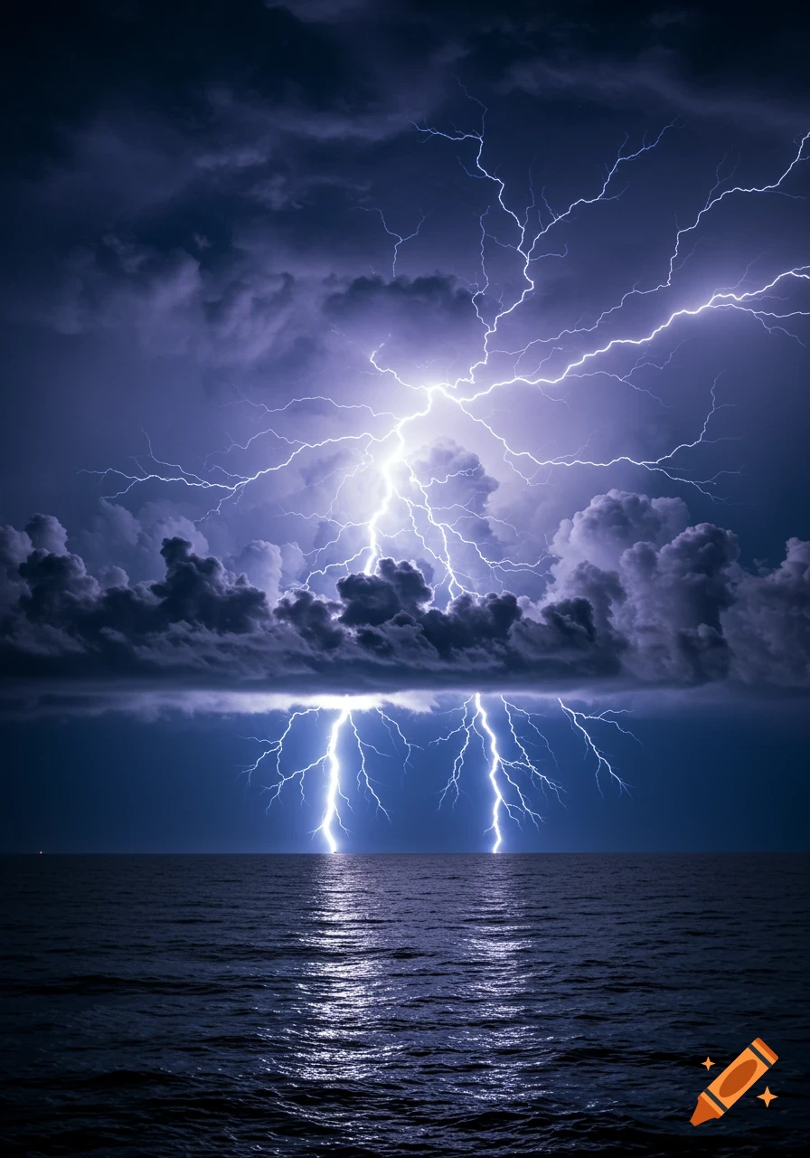 Dramatic lightning storm over a dark ocean at night, with multiple bolts striking the water.