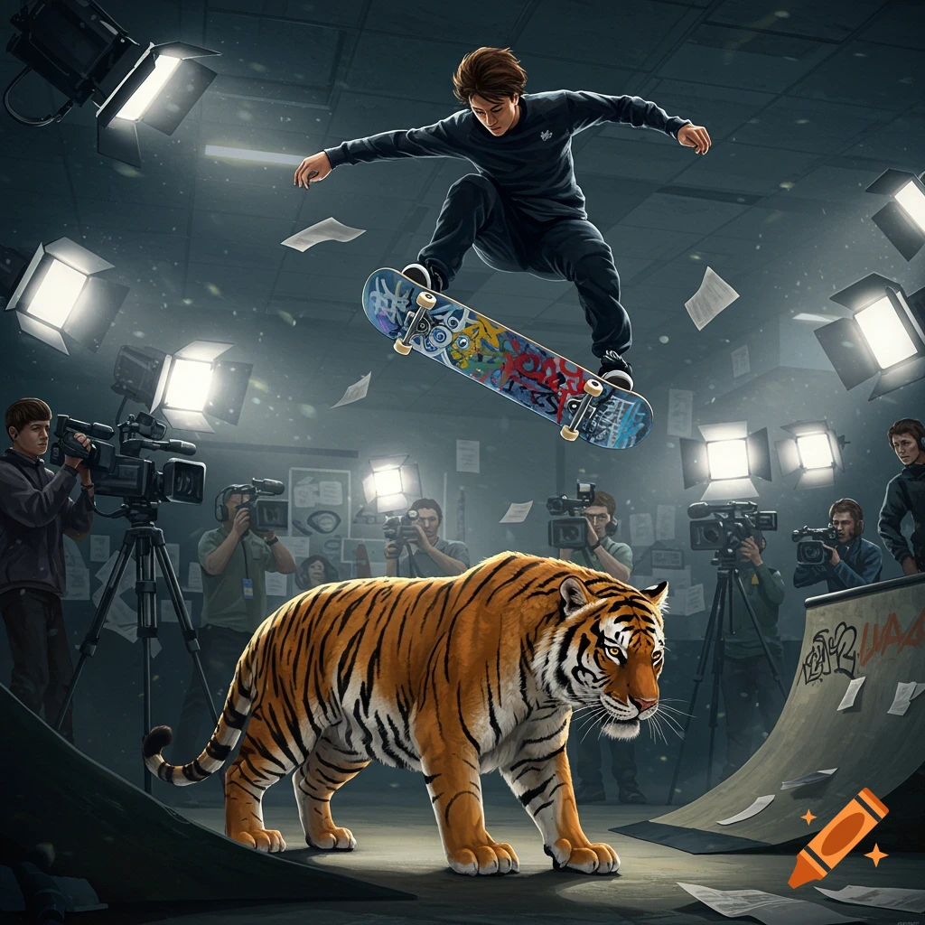A skateboarder jumps over a tiger in a brightly lit studio, surrounded by cameras and crew, in a detailed illustration.
