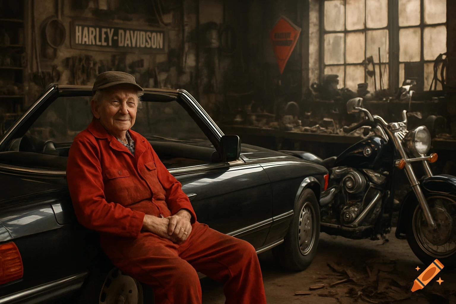 A smiling elderly man in a red jumpsuit and cap leans on a black convertible Mercedes 350SL in a workshop, with a Harley-Davidson motorcycle and a "HARLEY-DAVIDSON" sign in the background.