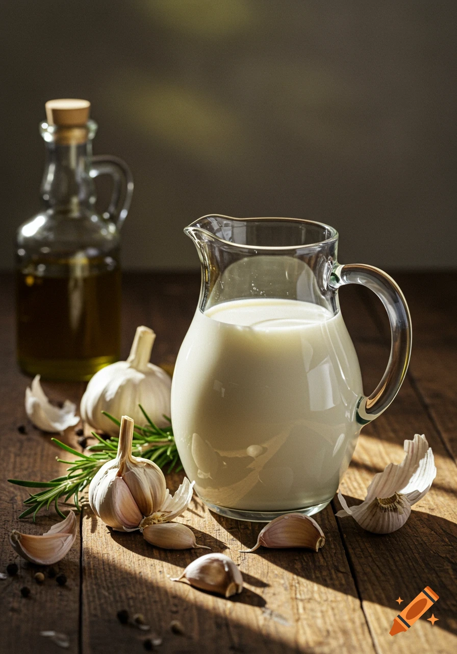 A photorealistic still life featuring a pitcher of milk, garlic, rosemary, and an olive oil bottle on a rustic wooden table.