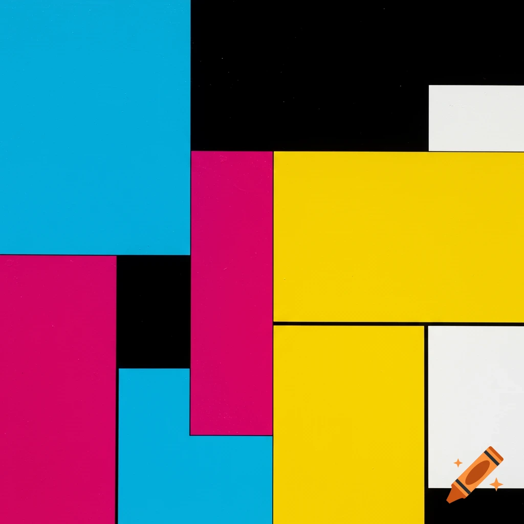 An abstract geometric painting featuring various sized rectangles in cyan, magenta, yellow, black, and white, separated by black lines.