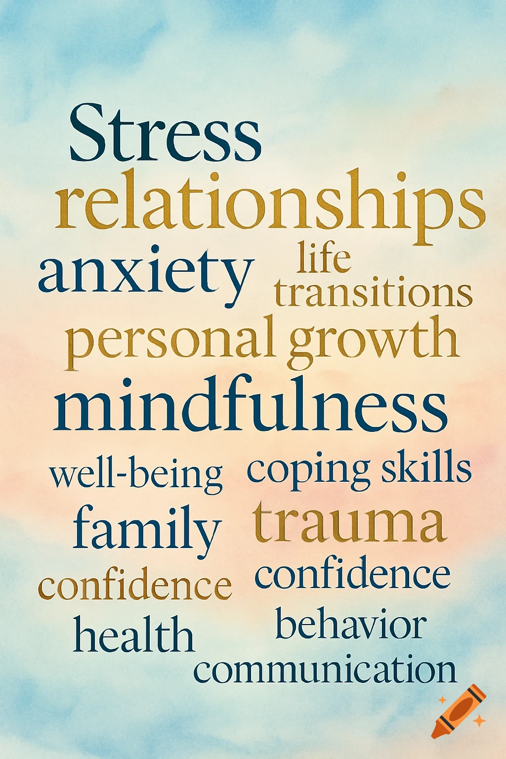 A word cloud on a watercolor background with words like Stress, relationships, anxiety, personal growth, and mindfulness.