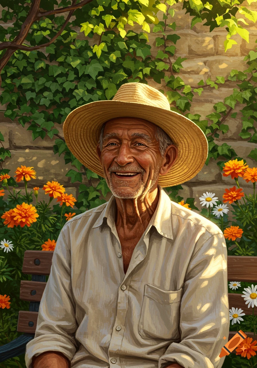 Smiling old man in a straw hat and light shirt sitting on a bench in a sunny garden with orange and white flowers against an ivy-covered stone wall.
