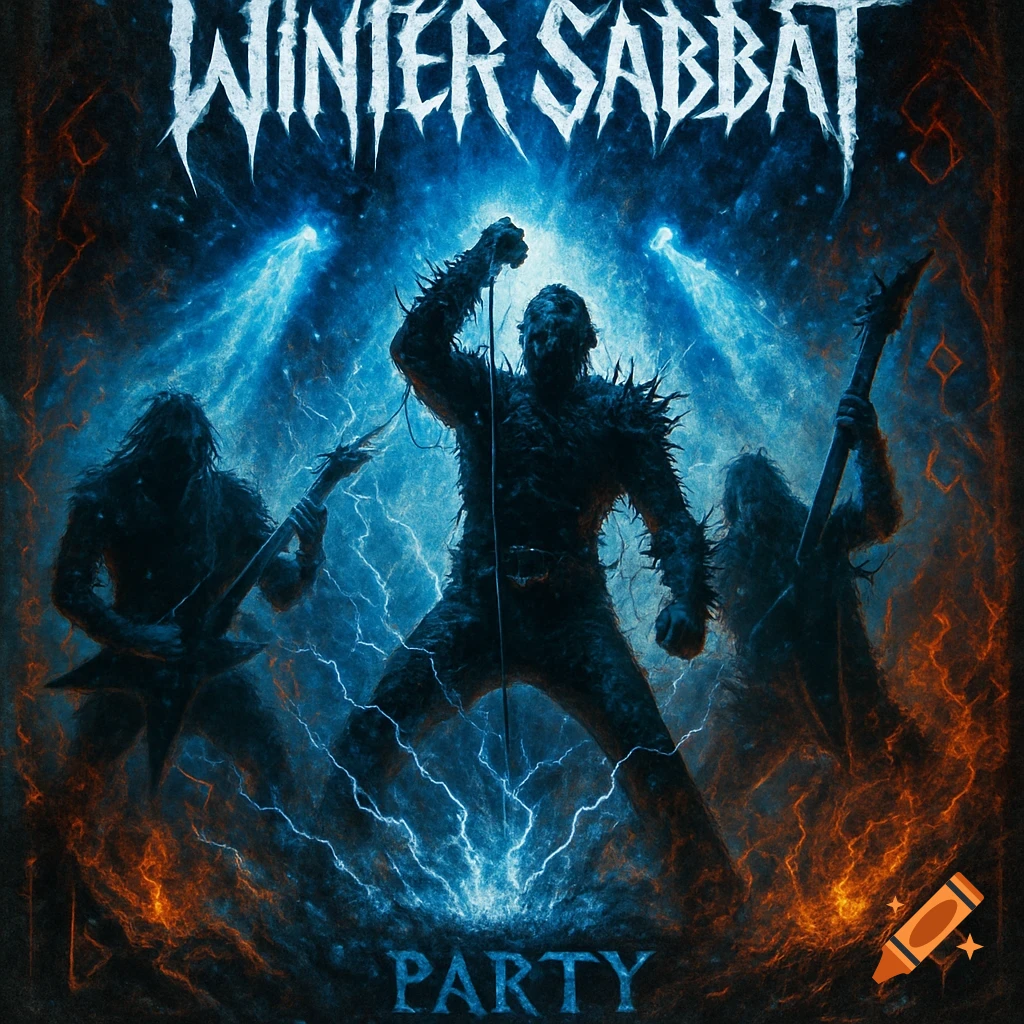 Three monstrous metal musicians perform on stage surrounded by electric blue and orange lightning, with 'WINTER SABBAT' and 'PARTY' text.