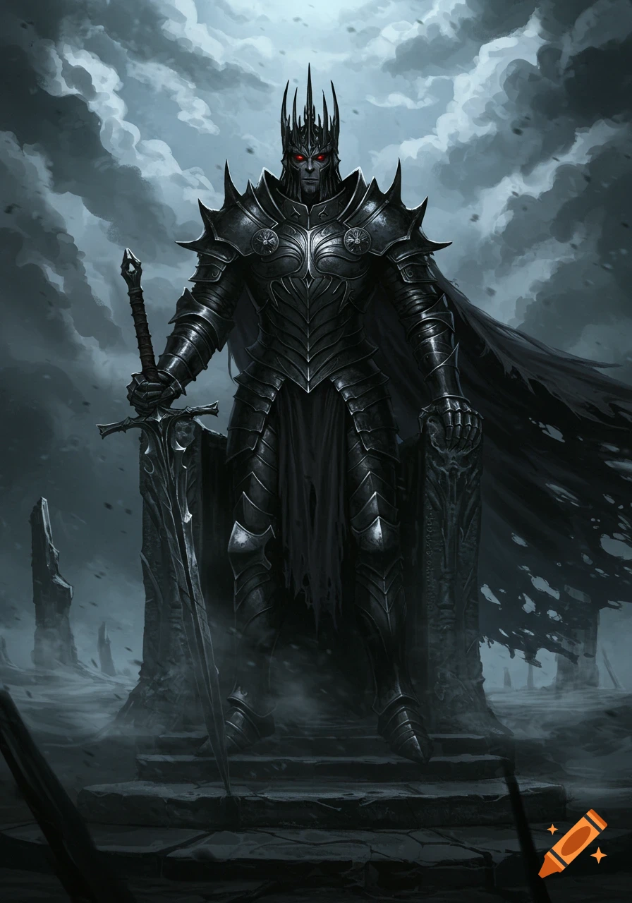 A dark fantasy king in intricate black armor and spiked crown with red eyes, holding a large sword in a desolate, cloudy landscape.