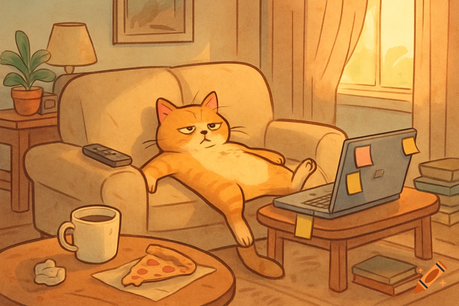 Cartoon of a lazy orange cat sprawling on a couch, unimpressed, with a laptop, pizza, and coffee in a cozy living room.