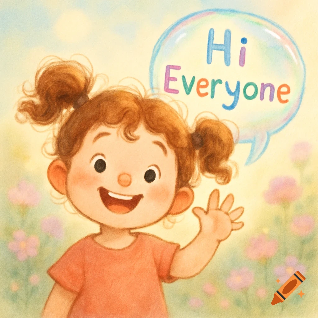 A cute, smiling cartoon girl with pigtails waves, with a bubble saying 'Hi Everyone' in a field of pastel flowers.