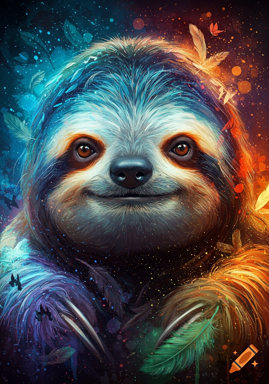 Colorful, stylized digital acrylic portrait of a sloth's face, split into cool blue/turquoise and warm orange/red tones, with feathers and cosmic particles.