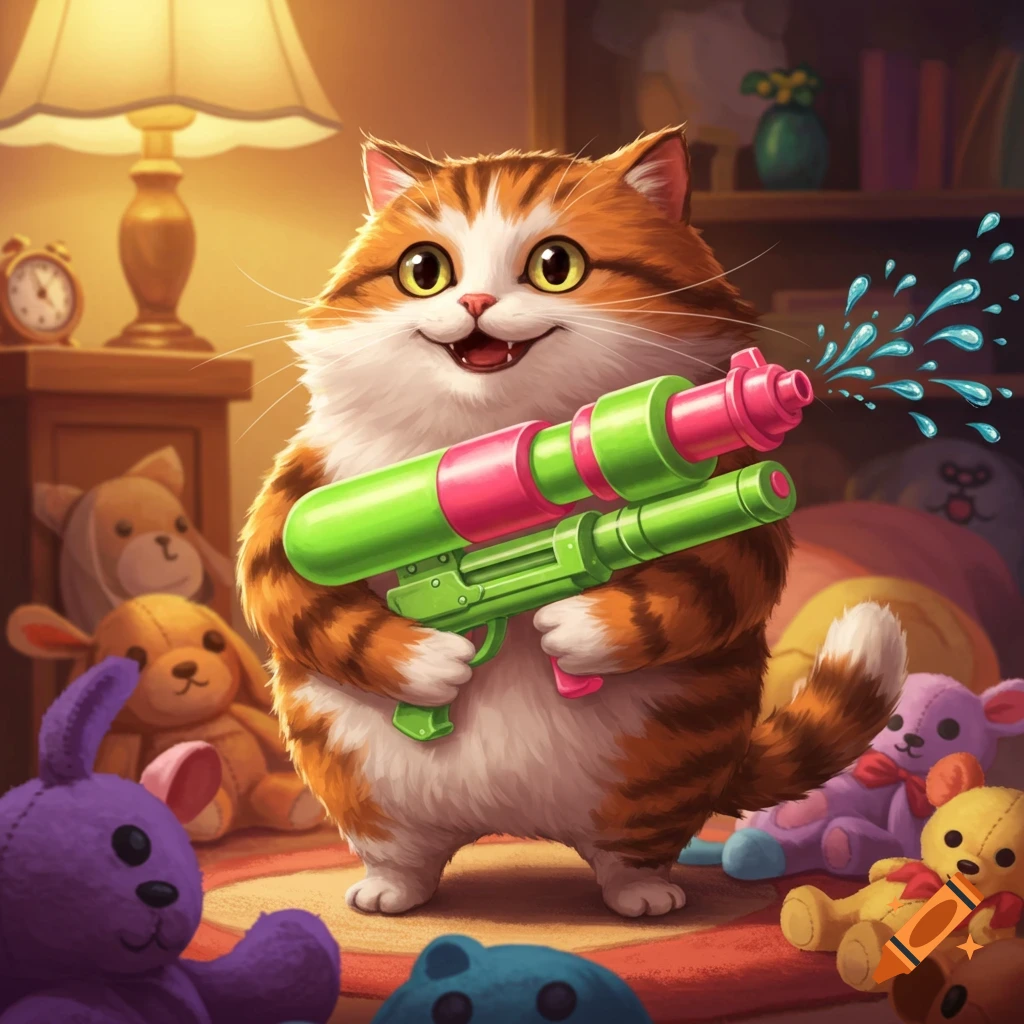 A fluffy orange and white cartoon cat holding a green and pink water gun, splashing water, surrounded by stuffed animals in a cozy room.