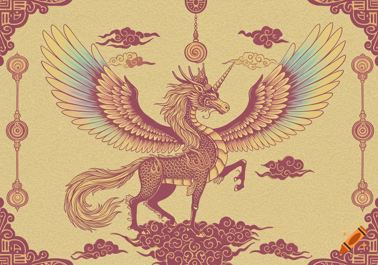 Symmetrical Chinese paper art of a mythical unicorn dragon with rainbow feather wings and a spiral crown, against an ornate patterned background with clouds.