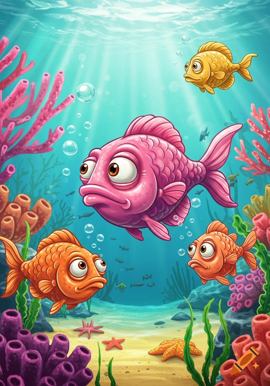 A vibrant cartoon illustration of three large, funny-looking fish and a smaller yellow fish swimming among colorful coral and starfish in a bright blue ocean.