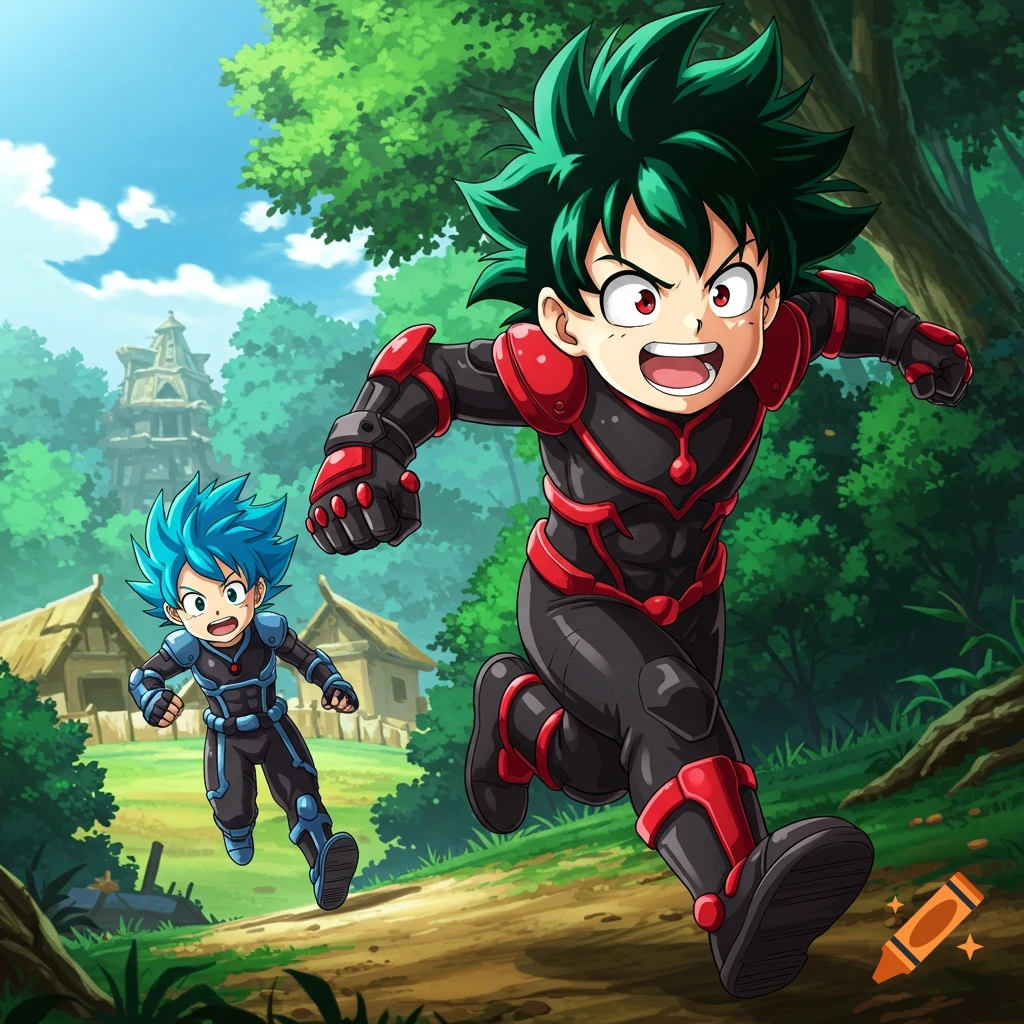 Green-haired anime boy in a black and red combat suit runs, followed by a blue-haired boy in a black and blue suit on a forest path with a village in the background.