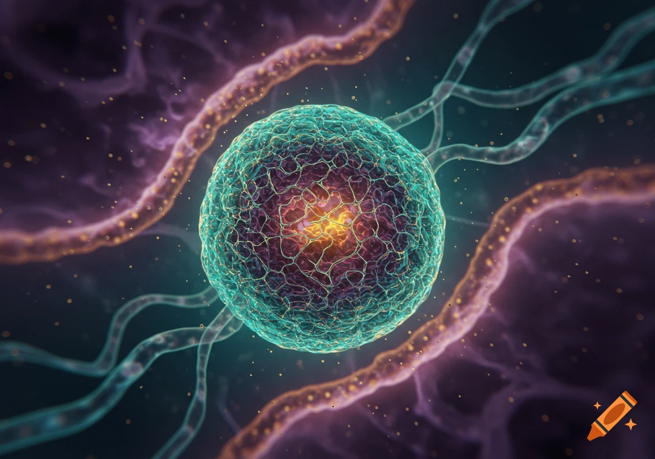 A vibrant, detailed microscopic view of a teal and purple cell with a glowing orange core, surrounded by fibrous structures against a dark background.
