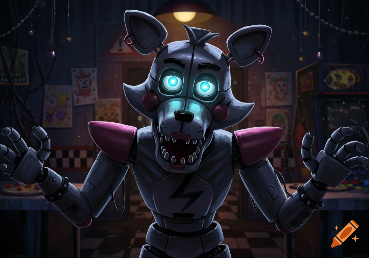 A menacing animatronic wolf with glowing blue eyes and sharp teeth stands in a dark, abandoned arcade.
