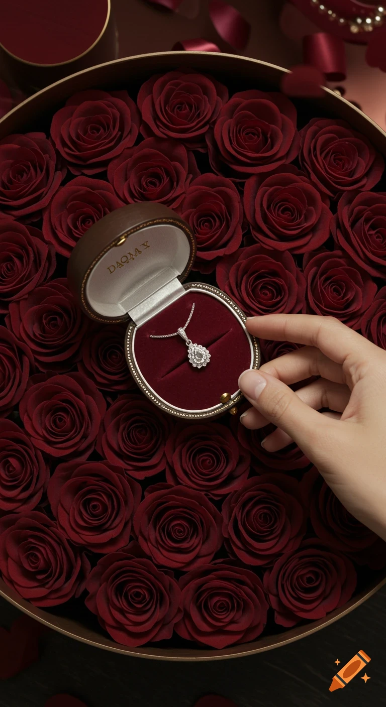 A hand holds an open jewelry box with a sparkling diamond pendant, set amidst a large round box filled with deep red roses. Photorealistic.