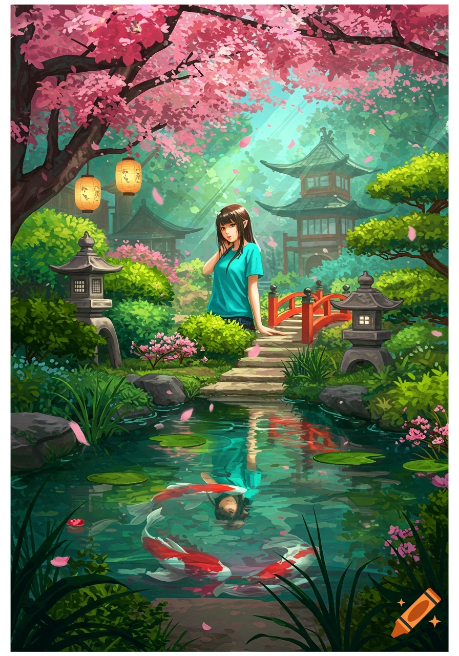 An anime girl with elf ears in a teal t-shirt stands in a vibrant Japanese garden with cherry blossoms, koi fish in a pond, and traditional pagodas.