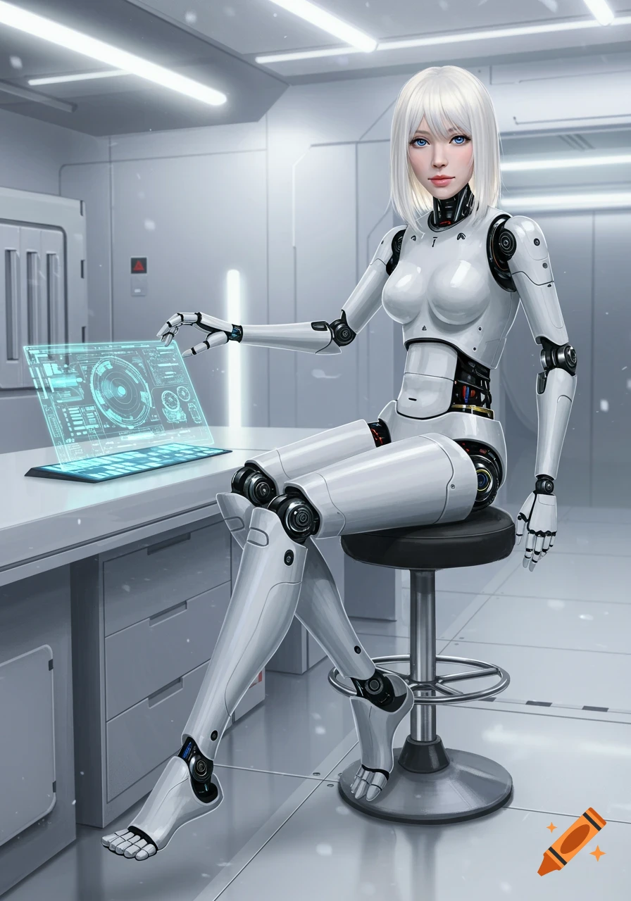 A white-haired female robot sits at a desk, interacting with a glowing blue holographic laptop in a futuristic white lab.